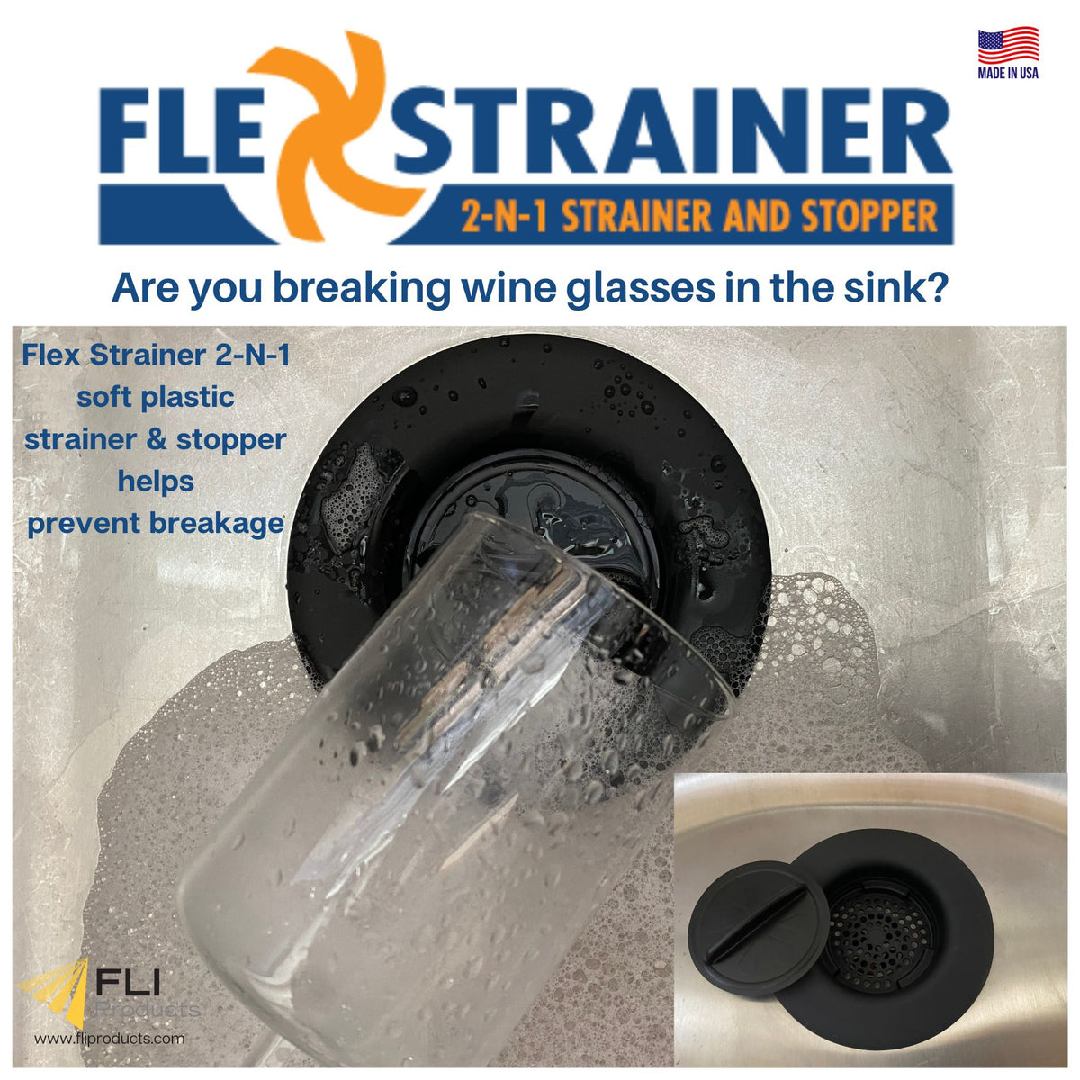 FLI Products Flex Strainer Kitchen Sink Strainer Drain Plug Stopper Fits  3-1/2” Drains and Disposals 2pk Black 