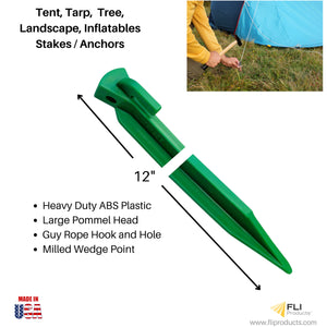 Heavy-Duty Plastic Garden Yard Stakes for Tents, Holiday Inflatables, Tarps, Trees, & Garden Edging with Milled Point, Guy Wire Hole, and Rope Hook 11.5” Green