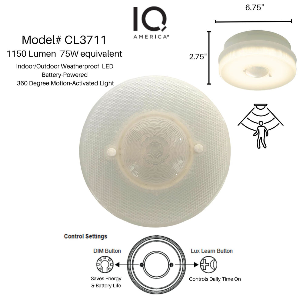 IQ America Battery-Powered LED Motion Sensor Flush Mount Ceiling Light,  7 inch 1150 Lumens, WH