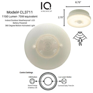 IQ America Battery-Powered LED Motion Sensor Flush Mount Ceiling Light,  7 inch 1150 Lumens, WH