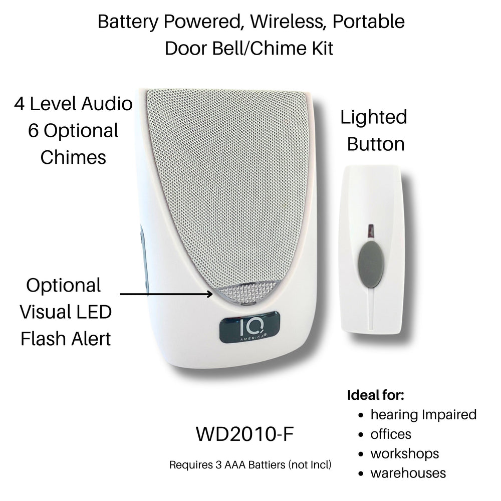 Battery Powered Wireless Portable Door Bell Chime with Visual Alert Kit | 6 Chime Tones | 4 Volume Levels | 1 Button White