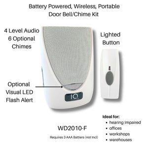 Battery Powered Wireless Portable Door Bell Chime with Visual Alert Kit | 6 Chime Tones | 4 Volume Levels | 1 Button White