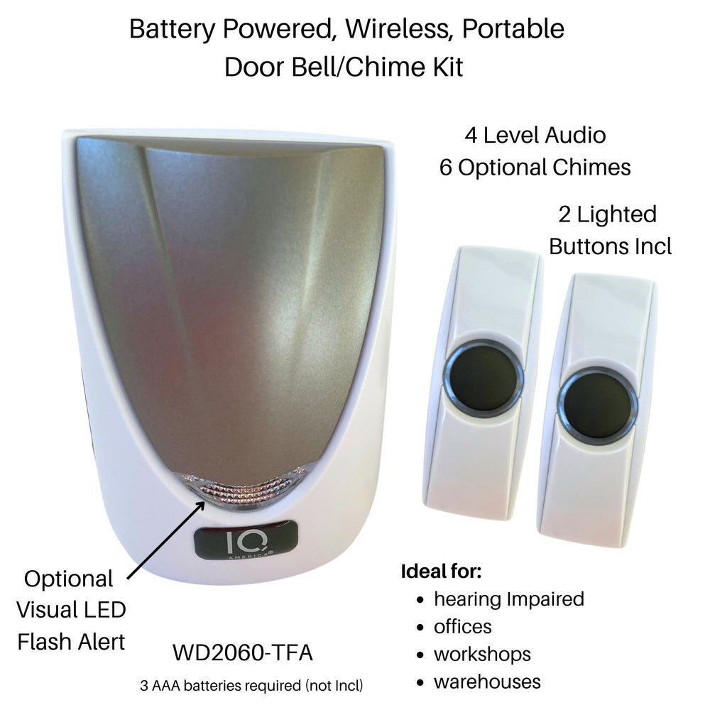 Battery Powered Wireless Portable Door Bell Chime with Visual Alert Kit | 6 Chime Tones | 4 Volume Levels| 2 Buttons White