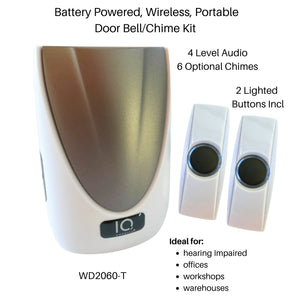 Battery Powered Wireless Portable Door Bell Chime Kit | 6 Chime Tones | 4 Volume Levels | 2 Button White