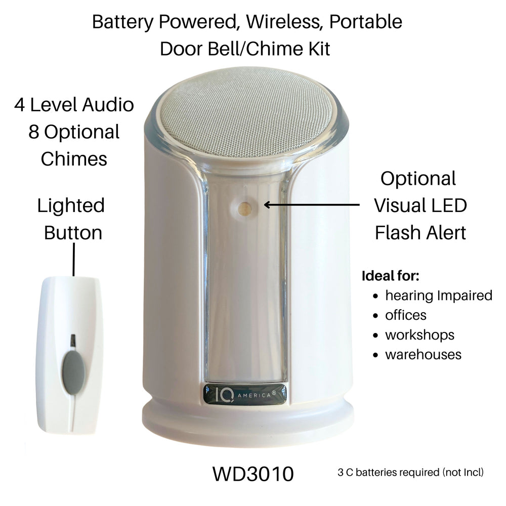 Battery Powered Wireless Portable Door Bell Chime with Visual Alert Kit | 8 Chime Tones | 4 Volume Levels | 1 Button White