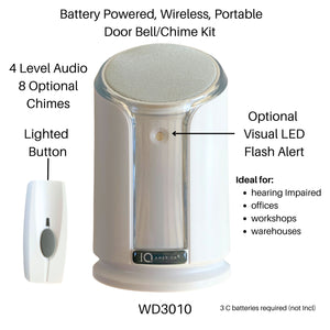 Battery Powered Wireless Portable Door Bell Chime with Visual Alert Kit | 8 Chime Tones | 4 Volume Levels | 1 Button White