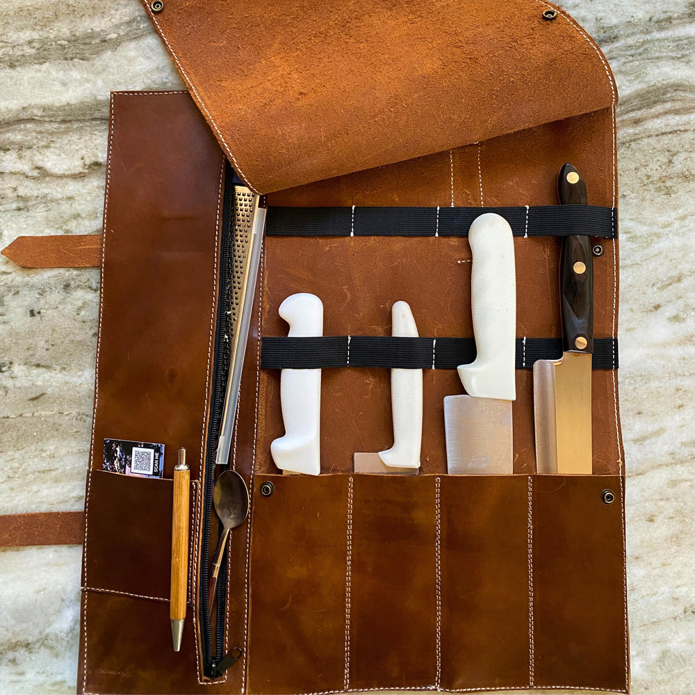 Blade Guard Genuine Leather Chef’s Knife Roll: 4 Slot Knife Bag with Extra Storage for Professional Chefs | Secure, Durable, and Stylish | Travel-Friendly Case