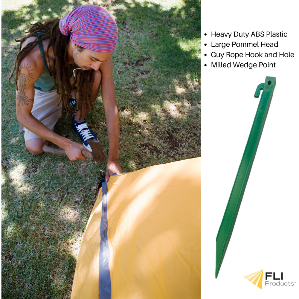 Heavy-Duty Plastic Garden Yard Stakes for Tents, Holiday Inflatables, Tarps, Trees, & Garden Edging with Milled Point, Guy Wire Hole, and Rope Hook 11.5” Green