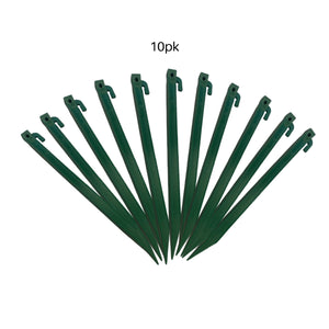 Heavy-Duty Plastic Garden Yard Stakes for Tents, Holiday Inflatables, Tarps, Trees, & Garden Edging with Milled Point, Guy Wire Hole, and Rope Hook 11.5” Green 10pk